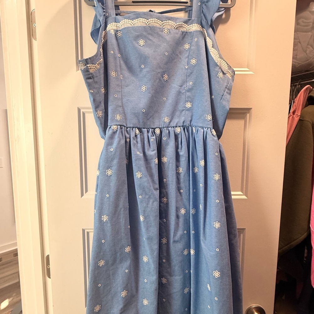 Light Blue Eyelet Cotton Sundress with Lace Trim
